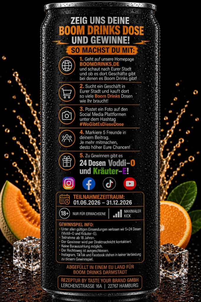 BOOM DRINKS Gewinnspiel-Dose mit Teilnahmebedingungen