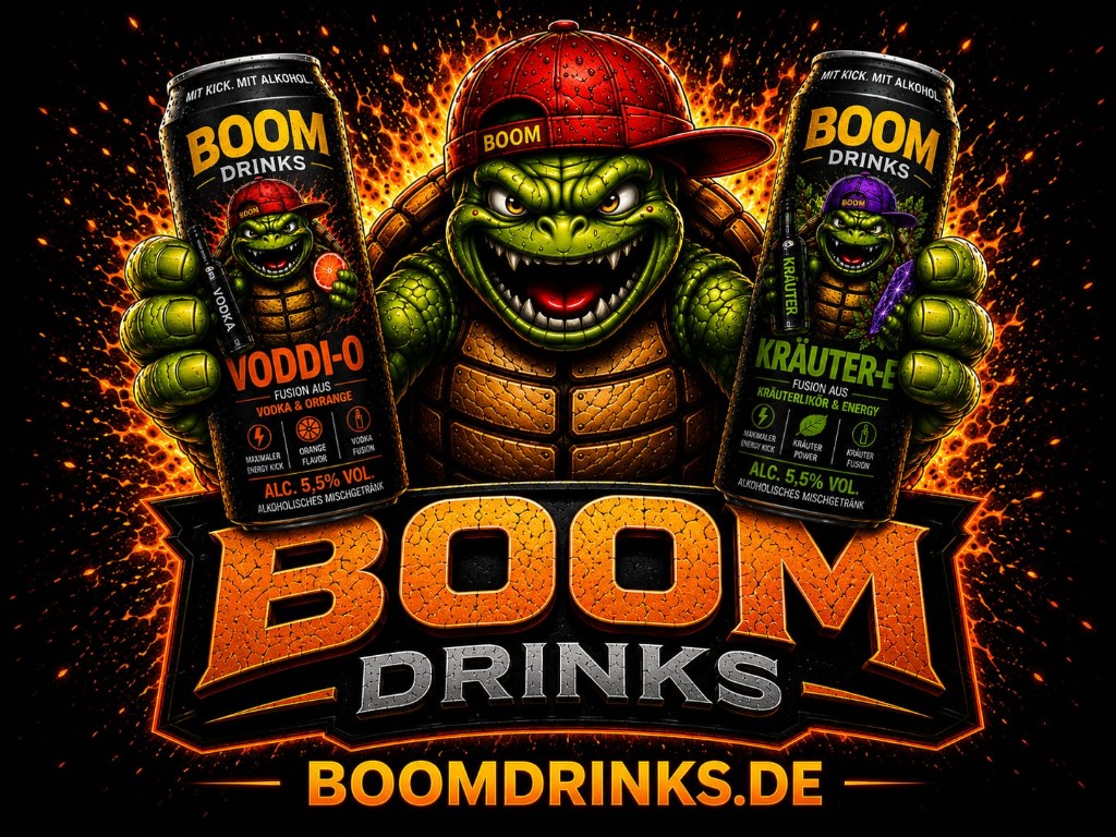 BOOM DRINKS – Maskottchen mit VODDI-O und KRÄUTER-E Dosen